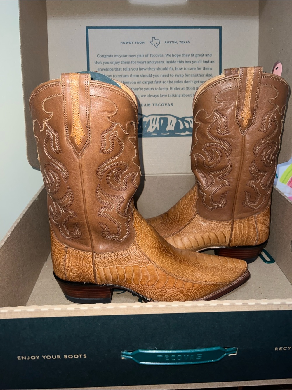 Tecovas Tan Brown ostrich Leather Western Boots with Embossed Stitching!
